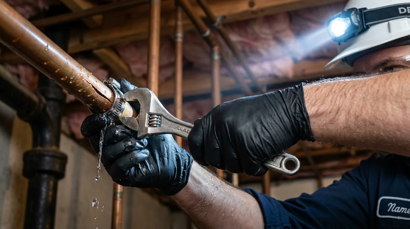 Emergency pipe clamp repair being performed by a Johns Plumbing LLC plumber in Loma